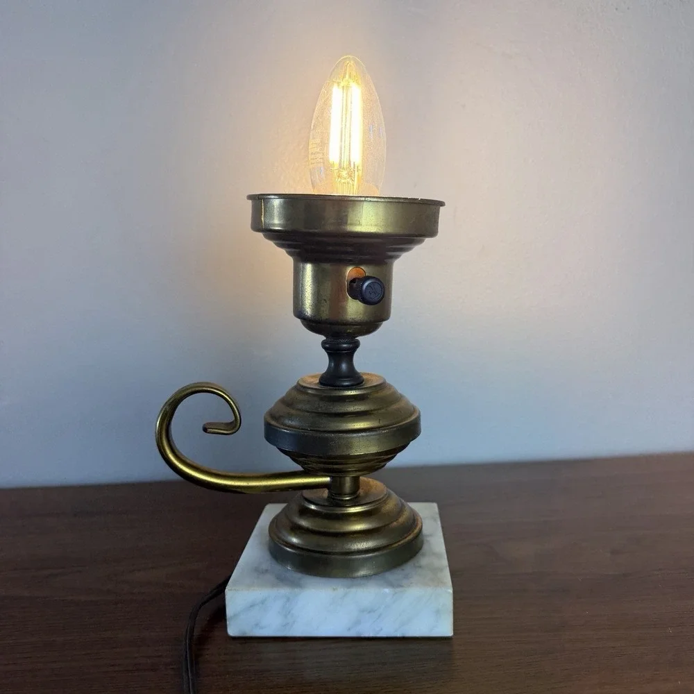 Vintage Brass Marble Table Lamp Candle Style Hollywood Regency Accent